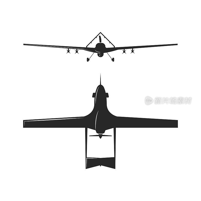 Bayraktar TB2土耳其无人机战斗无人机轮廓黑白插图空中军事设备顶部和前视图孤立在白色背景。